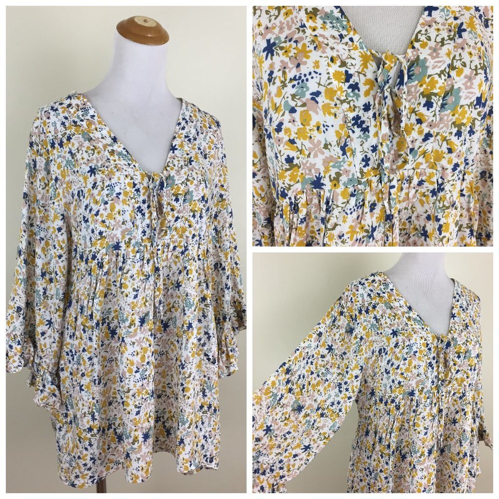 NWT CYNHIA ROWLEY Abstract Floral Print Tie Collar Bell Sleeve Shirt
